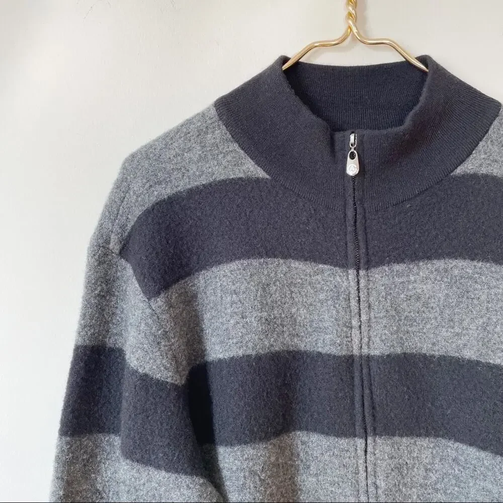 Armani Collezioni Black and Gray Rugby Striped Wool Sweater Zip Up Jacket M